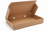 An empty corrugated  cardboard brownie box with its hinged lid open, shown on a clean white background.